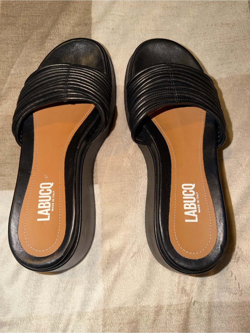 LABUCQ ITALY Caye Nappa Leather Corded Vamp Platform Wedge Slide Sandal, Size 38